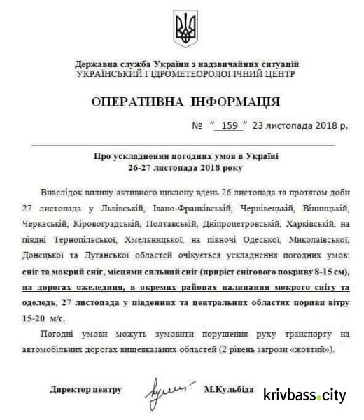 Водителей Кривого Рога предупреждают об ухудшении погодных условий (документ)