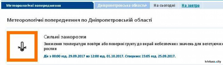 В Кривом Роге ожидаются сильные заморозки