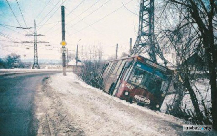 В Кривом Роге на скользкой дороге троллейбус вылетел в кювет (ФОТО)