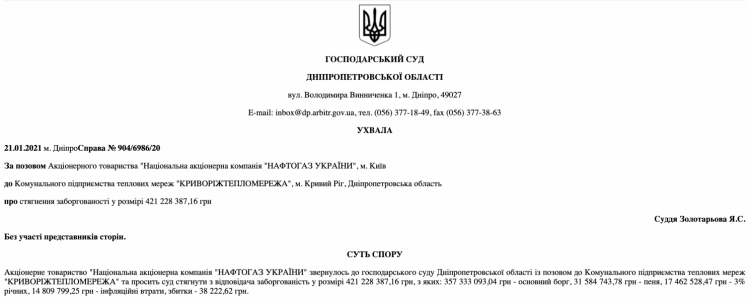 У Нафтогазі подали позов до суду на Криворіжтепломережу через заборгованість