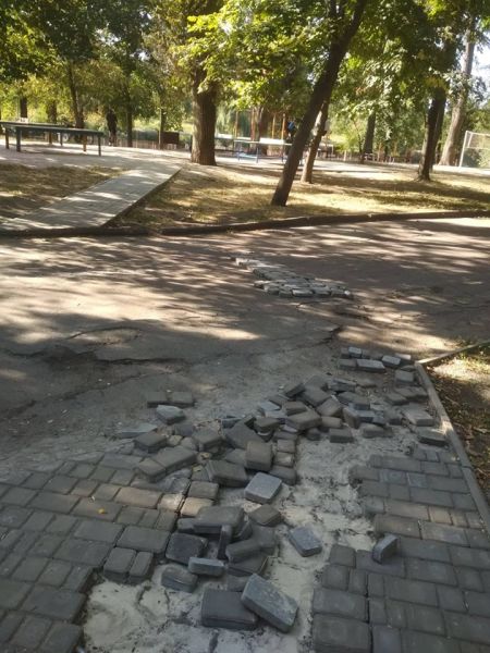 В хазяйстве пригодится: в Кривом Роге неизвестные начали разбирать тротуарную плитку в парке