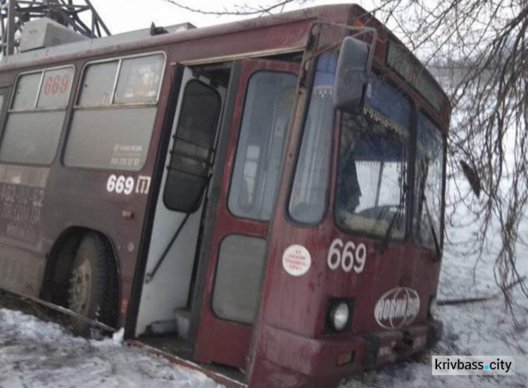 В Кривом Роге на скользкой дороге троллейбус вылетел в кювет (ФОТО)